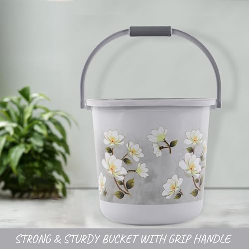 Image of Kuber Industries 3 Pcs Plastic 18 Ltr Bucket for Bathroom | Sturdy and Easy Grip Handle | Big Bucket for Bathing | Water Storage Bucket for Home | Bathroom Bucket Shower | Floral Print - Grey