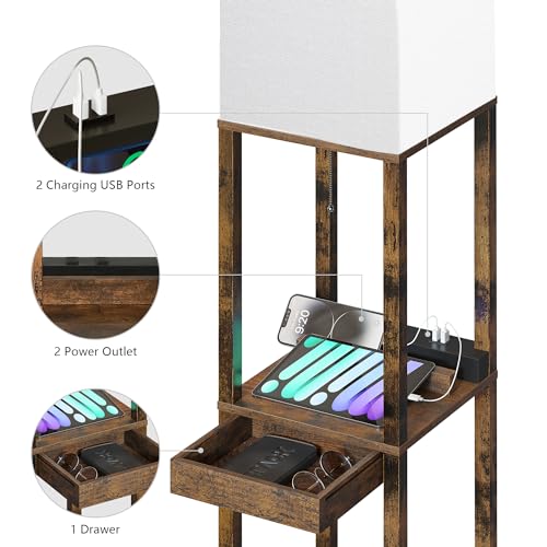Image of SUNMORY Floor Lamp with Shelves, Modern Dimmable Standing Lamp with Drawer & 2 USB Ports & 2 Power Outlet, Corner Tall Shelf Lamp for Living Room and Bedroom (Rustic Browm)