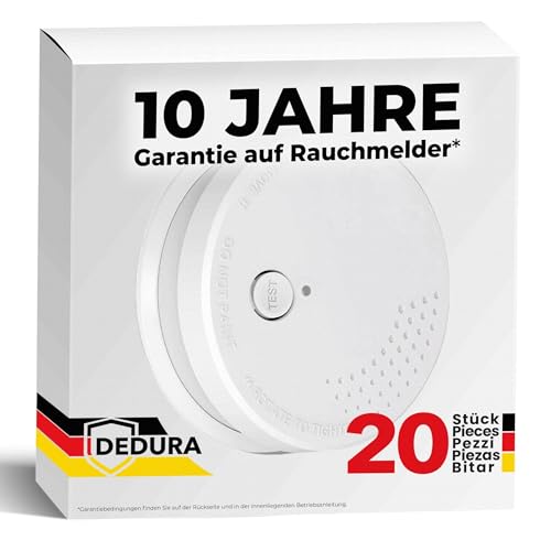 Rauchmelder 20er Set - 10 Jahre Garantie mit 9V Batterie austauschbar - nach DIN EN14604 von BSI zertifizierter Feuermelder, Rauchwarnmelder und Brandmelder