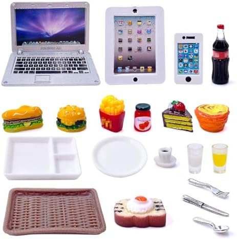 20Pcs Miniature Laptop Computer Tablet Toy Phone Pad and Hamburger Fries Cola Fast Food Cake Coffee Juice Fits Barbie Doll Accessories Scale Dollhouse Playsets Girl Mini Drink Food Party