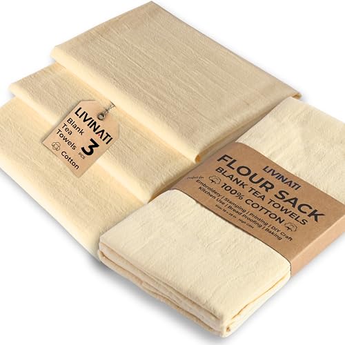 Natural - Blank Plain - Linen Tea Towels For Kitchen - For Crafting Embroidery Baking Sourdough Bread Proofing - 100% Cotton Flour Sack Dish Towels - 18'X28' - 3 Pack - Heavy Weight High Threadcount