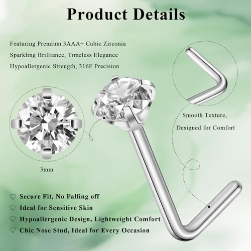 Aisoso Nose Rings, Titanium Steel Nose Piercings Stud Jewelry for Women Men Cubic Zirconia Imitation Diamond3