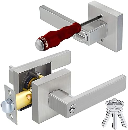 HADE LION Entry Brushed Nickel Door Handle Locks with Keys, Square Entrance Straight Door Lever, Bedroom Heavy Duty Front/Interior Door Knobs 1 Pack
