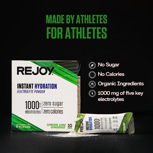Rejoy Sugar Free Electrolytes Powder Packets - Keto Paleo Hydration Supplement Drink Mix, Organic Ingredients,1000 Mg Electrolytes, (10 Count) (Lemon Lime Ginseng) #TOP1