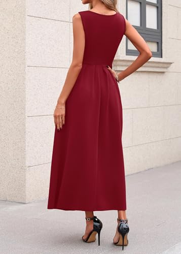 Lazysmile Summer Sleeveless Maxi Dresses for Women Mock Neck Pleated A Line Formal Cocktail Wedding Guest Dress Wine Red — view 2