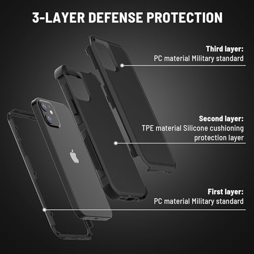 X-belmox Heavy Duty Case for iPhone 12/12 Pro, 3-Layers Military Grade Drop Protection Phone Case [Tempered Glass Screen Protector] Shockproof Rugged Case Cover for iPhone 12/12 Pro 6.1 Inch (Black) by X-belmox - Image 2