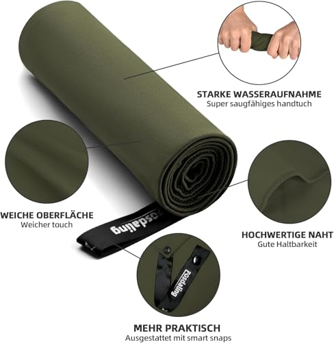 Mikrofaser Handtuch 3er Set - Groß 200*100cm & 2 Klein 80×40cm, Schnelltrocknend Microfaser Sporthandtuch, für Reisehandtuch, Badetuch, Fitness & Sport Handtücher und Strandtuch (Armeegrün)