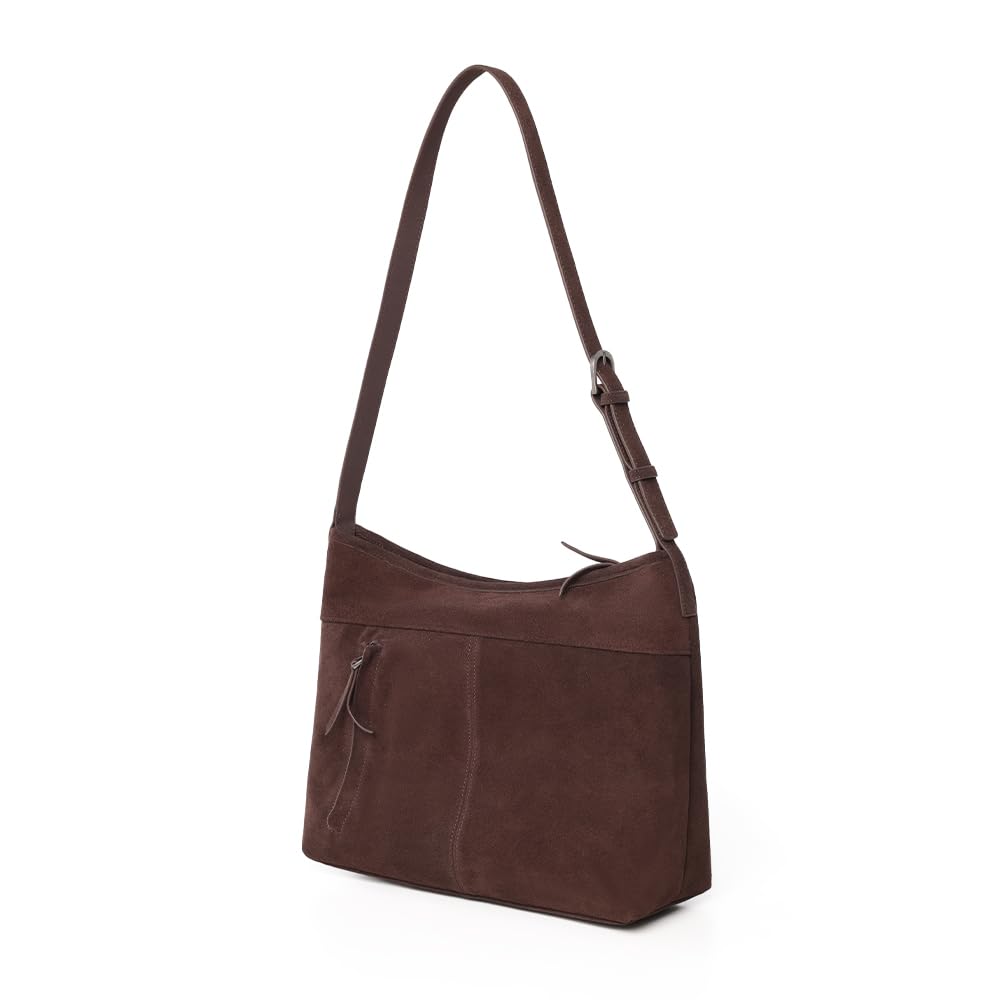 VAKAER Slouchy Suede Leather Shoulder Crossbody Purse Adjustable Hobo Tote Handbag with Zip Top and Front Zipper Pocket