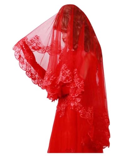 Velo de novia rojo ideal para bodas temáticas y sesiones de fotos nupciales con encaje