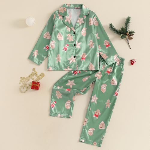 Fsadfeas Kids Girls Pajamas Baby Short/Long Sleeve Santa Claus Button Down Top Pants Satin Silk Halloween Christmas Pajamas (Gingerbread Man Green, 1-2 Years)