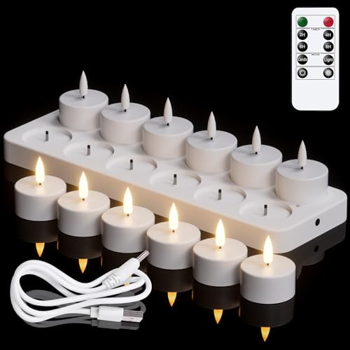 Image of Wondise Rechargeable Tea Lights with Remote and Timer, 12 PCS Battery Operated 3D Wick Flickering Flameless Candles with Charging Base for Halloween Christmas Decor(1.6 inch x 1.9 inch)