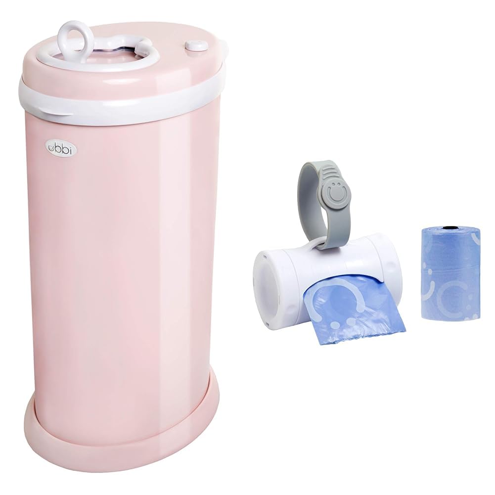 Ubbi Steel Diaper Pail Bundle with Retractable On The Go Travel Bag Dispenser, Award-Winning Registry Must-Have, Blush Pink and White