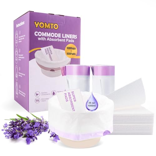 YOMTO Commode Liners with Absorbent Pads 100 Count Lavender Scented Bags and 100 Commode Pads Leak-Proof & Extra Thick Disposable Universal Fit for Bedside Commode Portable Toilet Chair