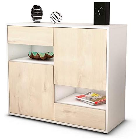 Stil.Zeit Sideboard Carmelina/Korpus Weiss matt/Front Holz-Design Zeder Push-to-Open Technik & Leichtlaufschienen Cover