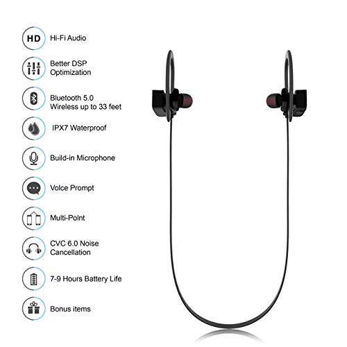 Bluetooth Headphones, Hussar Magicbuds Best Wireless Sports Earphones with Mic, IPX7 Waterproof, HD Sound with Bass, Noise Cancelling, Secure Fit, up to 9 Hours Working time (Upgraded), Black