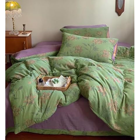 VM VOUGEMARKET Linen Cotton Jacquard Duvet Cover Queen,3 Pcs Yarn-Dyed Textured Duvet Cover Set Green Purple Floral Bedding Breathable, Natural Wrinkled Look Cover