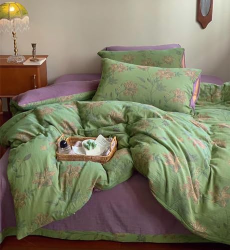 VM VOUGEMARKET Retro Flower Duvet Cover King,3Pcs Yarn-Dyed French Linen Jacquard Duvet Cover Set Mint Green Purple Bedding Set for Girls Women Without Comforter