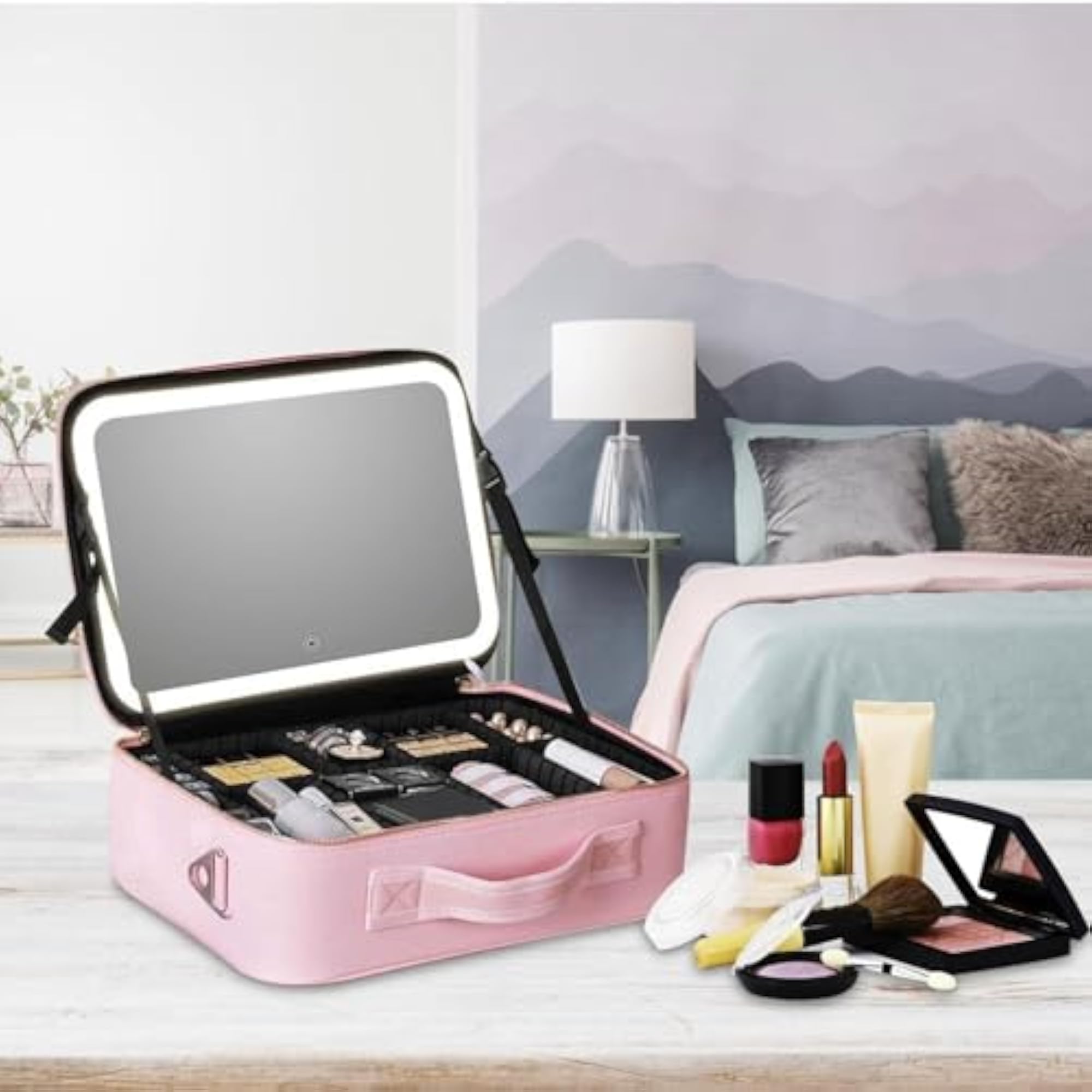 LED Mirror Cosmetic Bag with Lighted Mirror, Travel Makeup Organizer