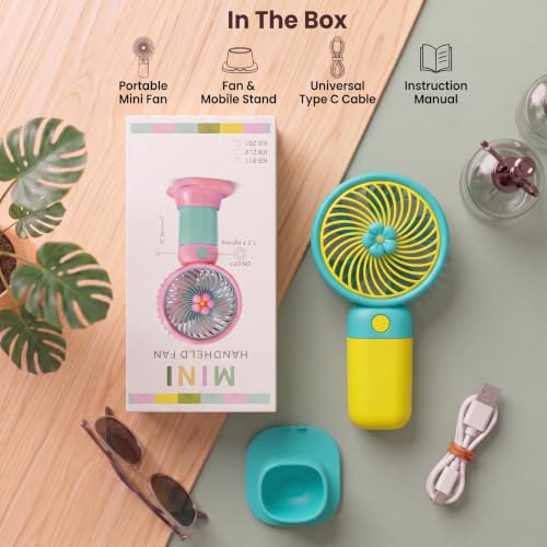 Image of Portable Mini Hand Fan| LED Glow| 3 Speed Mode| Type-C Fast Charging| Mobile Stand| Mini Fan| Travel, Home, Kids & Office Use (Pack Of 1 (Any 1 Color Set))