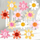 Poen 12 Pcs Daisy Honeycomb Balls Decorations Spring Classroom Boho Daisy Flower Hanging Ceiling Sign Groovy Honeycomb Pom Poms Paper Balls to Hang for Birthday Bridal Weeding Party(Colorful)