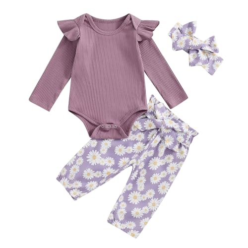 Image of Kaipiclos Newborn Infant Girl Clothes Rib Knit Romper Daisy Print Pants Headband Baby Clothes for Girls 0 3 6 12 18 24 Months