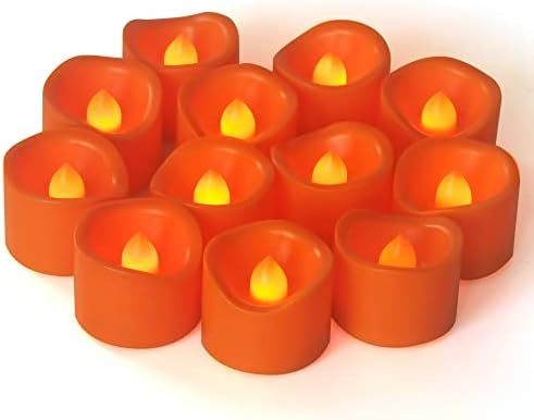 12 Pack Flameless Votive Candles Orange Plastic Flickering LED Electric Fake Tea Lights Long Lasting Battery Operated Tealights for Halloween Party Pumpkin Home Outdoor Decorations
