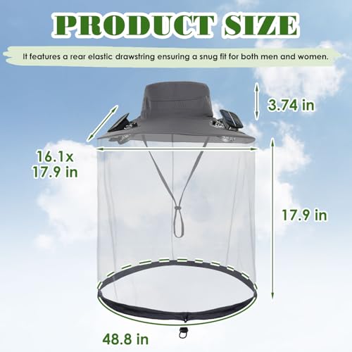 Sombrero con red para mosquitos con ventilador solar incorporado y ala ancha ajustable para hombre y mujer miniatura 3