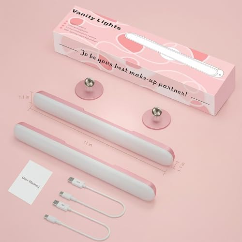 Image of Benreom 2 Pack Wireless Vanity Lights for Mirror, Rechargeable Battery Operated Makeup Light, Adjustable Light Bar, Magnetic Stick on LED Lighting Bathroom Decor Accessories, Pink