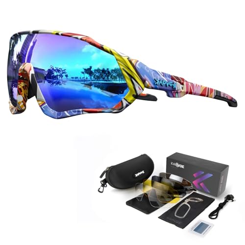 KAPVOE Gafas de ciclismo polarizadas con 5 lentes intercambiables, para hombres y mujeres, ideales para ciclismo de carretera, montaña, correr, pescar, remar, golf, etc 01