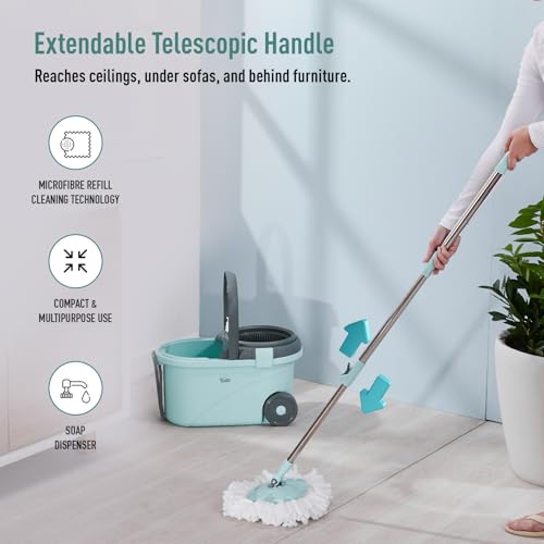 Image of Amazon Brand - Presto! Clean Plastic Spin Mop | Durable Plastic Build with 2 Microfiber Refills | Big Wheels & Drag Handle | 360 Spin Mop with Telescopic Handle | Green