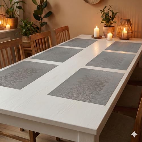 Image of YELONA Placemats Set of 6, Heat-Resistant Woven Vinyl Table Mats, Non-Slip & Washable Dining Tablemats for Kitchen & Dinner Decor, Ash Grey (45cm x 30cm)