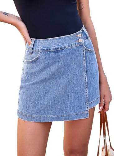 Sidefeel Skorts for Woman High Waisted Stretchy Jean Shorts Trendy Asymmetrical Casual Summer Mini Denim Skirts Iceland Blue Size 18