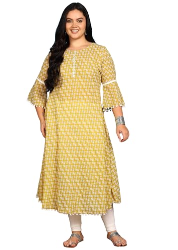 Image of Yash Gallery Women's Cambric Cotton Printed Kurta Mirror Work A-Line, Perfect Ethnic Wear