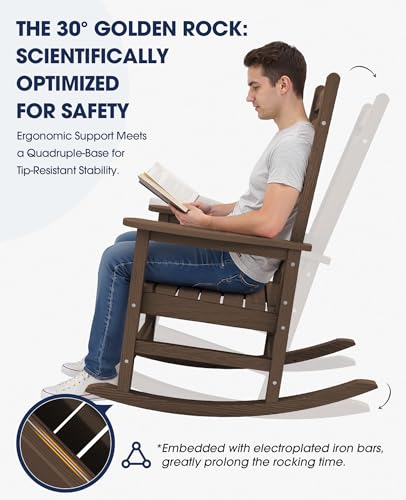 Image of KINGYES Oversized Outdoor Rocking Chair, HDPE Patio Rockers, Coffee