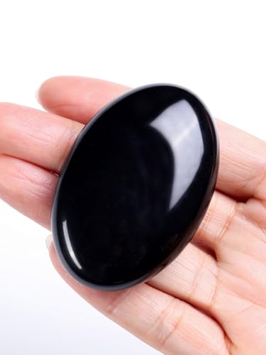 Top Plaza 2.4" Black Obsidian Crystal Palm Stone for Anxiety Large Healing Crystals Thumb Worry Stone Pocket Polished Gemstones Reiki Balancing Meditation Crystal
