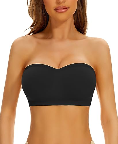 Image of DOCUMO Women Strapless Bra Padded Bandeau Bra Non-Slip Silicone Tube Top Bra (Black, Small)