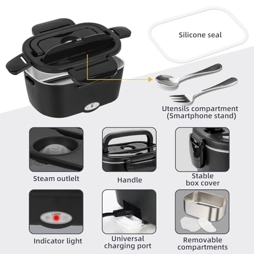 SOHIDA Electric Lunch Box, 12V/24V/110V Portable Food Warmer with SS Fork & Spoon for Car/Truck/Office, 80W Self Heating Lunch Box with 1.5L Container & 0.45L PP Fruit Box Matte Black by SOHIDA - Image 6