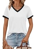 Cuptacc Tshirt Damen V-Ausschnitt Sommer Shirts Weiss Damen Sommer Locker Basic Top Cute Sport Oberteile Sommer Fashion Weiß Groß L 42-44