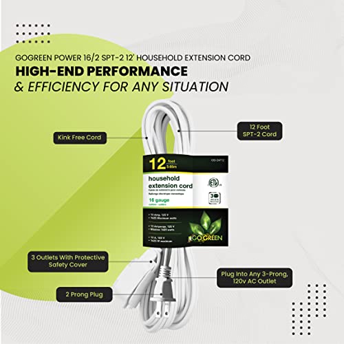 Gogreen Power (Gg-24712) 16/2 12' Household Extension Cord, 3 Outlets, White, 12 Ft #TOP4
