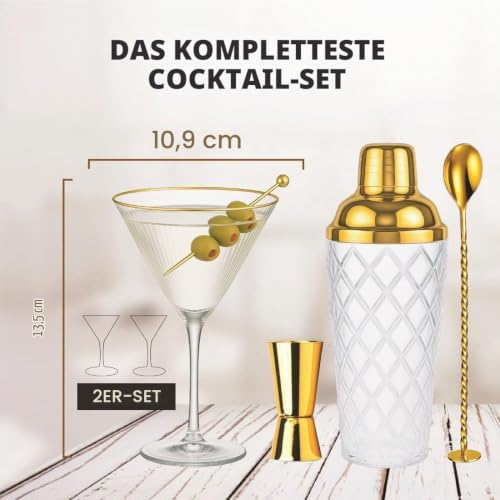 VEMACITY Cocktail Shaker Set + 2 Goldrand Klassiche Martini Gläser, Zubehör – Ansicht 2