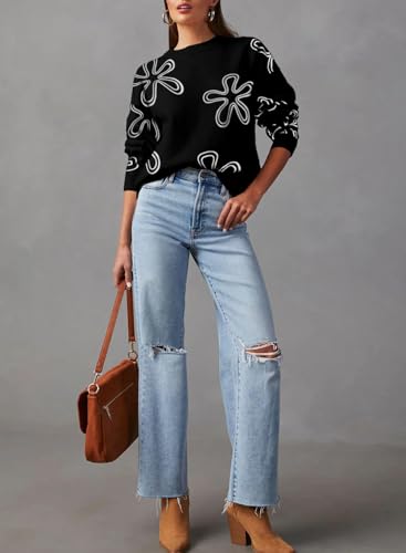 Dokotoo Sweaters for Women Casual Crewneck Long Sleeve Floral Print Cable Knit Pullover Sweater Tops3
