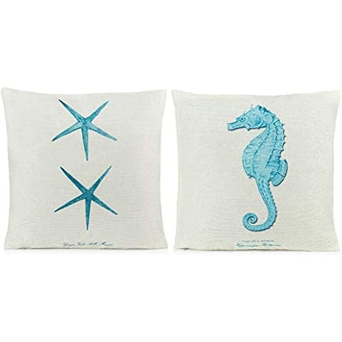 Beach Throw Pillows Beach Decor| Decorative Pillows Coastal Decor | Coastal Throw Pillows Covers 2 Pack 18 x 18 Inch| Beach Theme Couch Pillow Covers with Starfish & Seahorse Cover