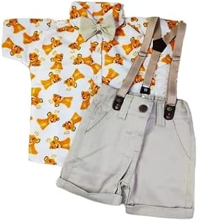 Conjunto Camisa + bemuda suspensório e Gravata REI LEÃO Mesversário Aniversário. (PM 2 ANOS, BEGE)