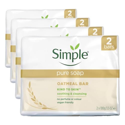 Image of Simple Pure Soap Oatmeal Bar, fragrance free, suitable for eczema, rosacea and sensitive skin; twin pack (2 x 100g) (Pack of 4)