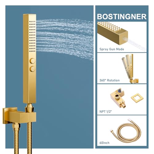 Shower System Brushed Gold Shower Faucets Sets, Bostingner 10" Rain Shower Head with 2 In 1 Handheld Spray and 4 Body Jets, Wall Mounted All Metal 3 Way Shower Set with Rough-in Valve and Trim Kit by Bostingner - Used condition - Image 4