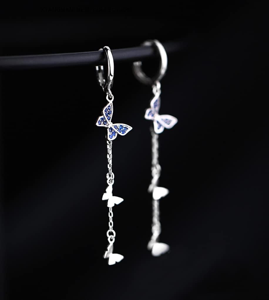 SLUYNZ 925 Sterling Silver Butterfly Dangle Earrings Tassel for Women CZ Butterfly Hoop Earrings Chain - Image 2