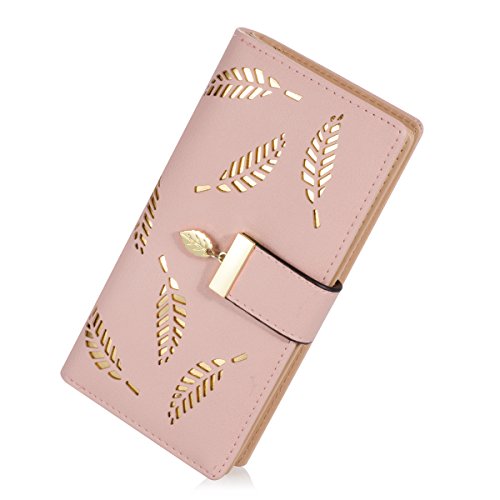 Women’s Long Leaf Bifold Wallet Leather Card Holder Purse Zipper Buckle Elegant Clutch Wallet Handbag for Women – Pink