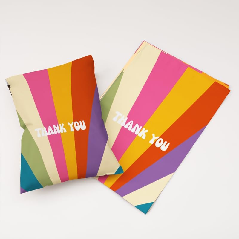 100x Poly Mailers 10x13 Inch Mailing Bags Colorful Thank You Designs with Self Seal Tear & Waterproof Shipping Envelopes for Packaging, Small Business & E-Commerce (Rainbow Thank You)