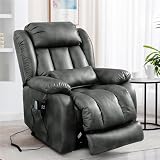 Extra Large Power Lift Recliner Chair for Adults, Dual Motor Lay Flat Infinite Position Electric Sofa with Massage and Heat, Breathable Leather Upholstered Recliner with USB, Silver Gray