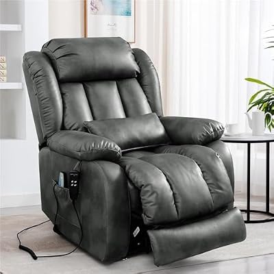 Extra Large Power Lift Recliner Chair for Adults, Dual Motor Lay Flat Infinite Position Electric Sofa with Massage and Heat, Breathable Leather Upholstered Recliner with USB, Silver Gray